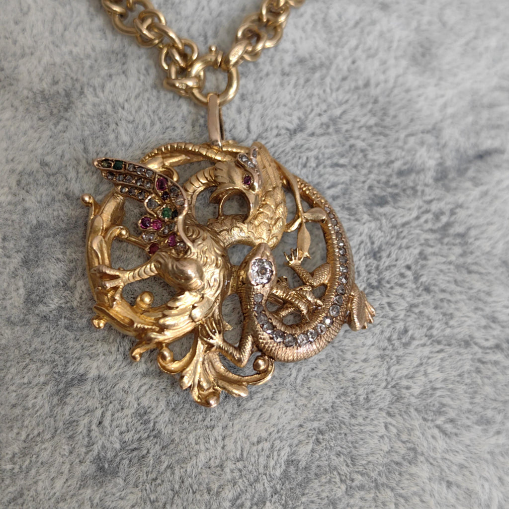 Diamond Emerald Ruby Solid 18k Yellow Gold Griffin Salamander Snake Ritual Magical Statement Pendant Charm Antique Vintage Gift for Her Him