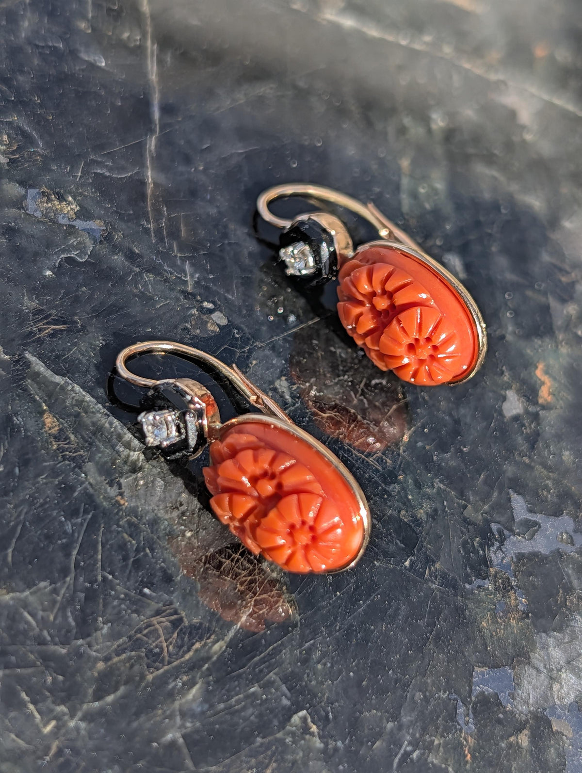 1940s Unique Art Deco Coral Dangle Earrings Hand Carved Floral Diamond Onyx 14k Gold Vintage Estate Statement Drop Earrings Rare