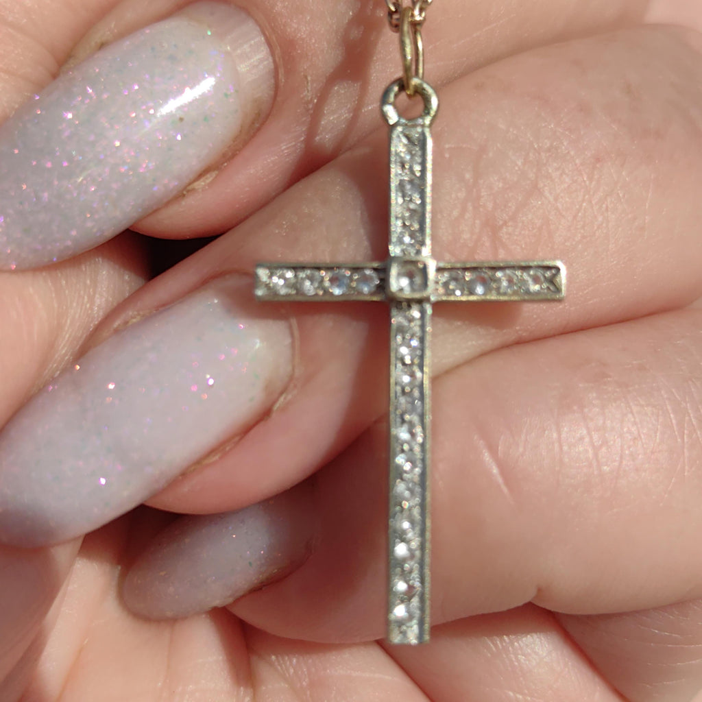 1920s Art Deco Diamond Solid Hallmarked 18k white Gold Catholic Cross Crucifix Pendant Antique Vintage Elegant Christian Statement Gift