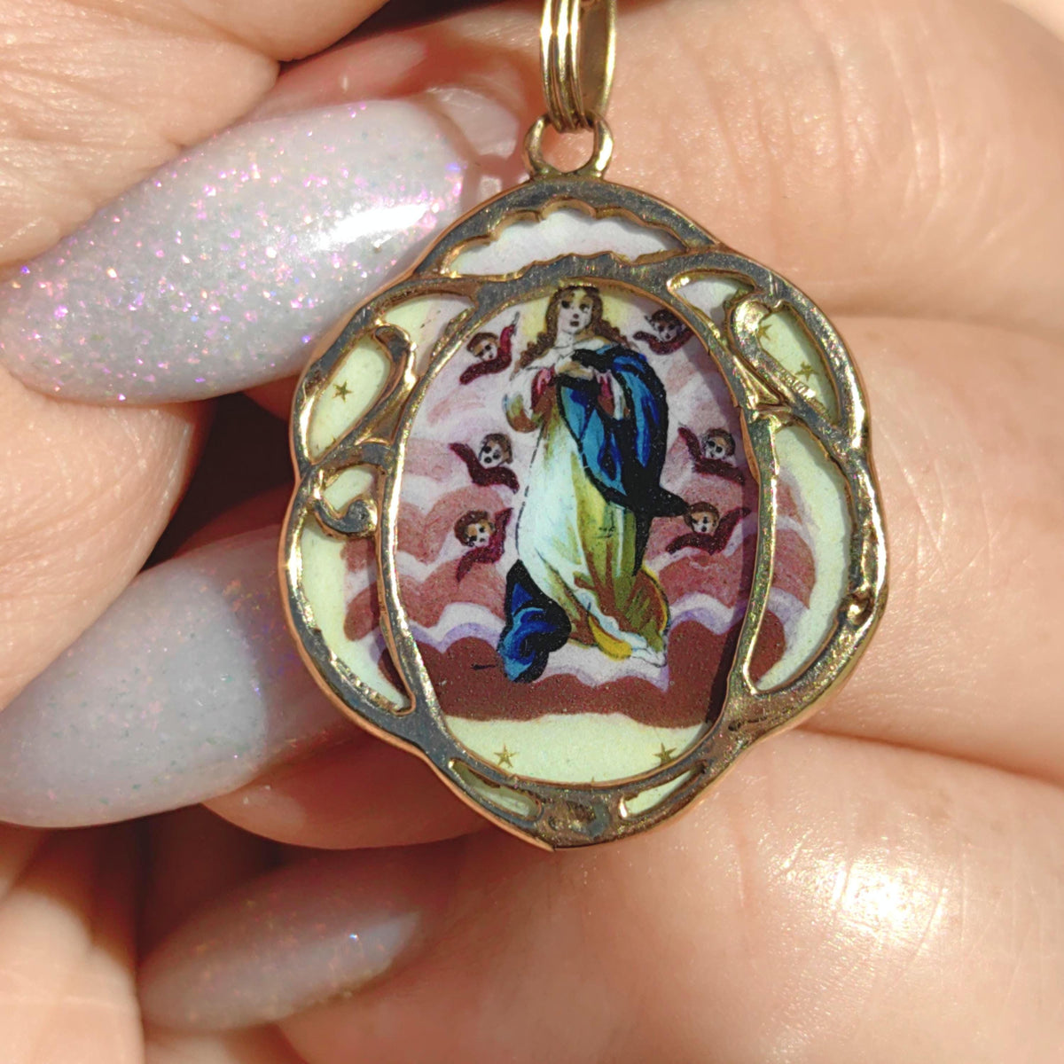 1900s Antique Vintage Virgin Mary Madonna Pendant 14K Solid Yellow Gold Medal Hand Painted Fire Enamel  Catholic Hungarian Christian Pendant