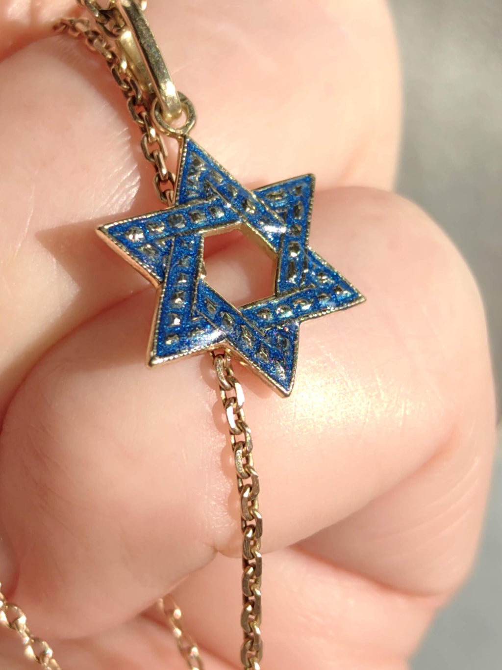Vintage 14k Gold Star of David Pendant: Blue Enamel Judaica Charm