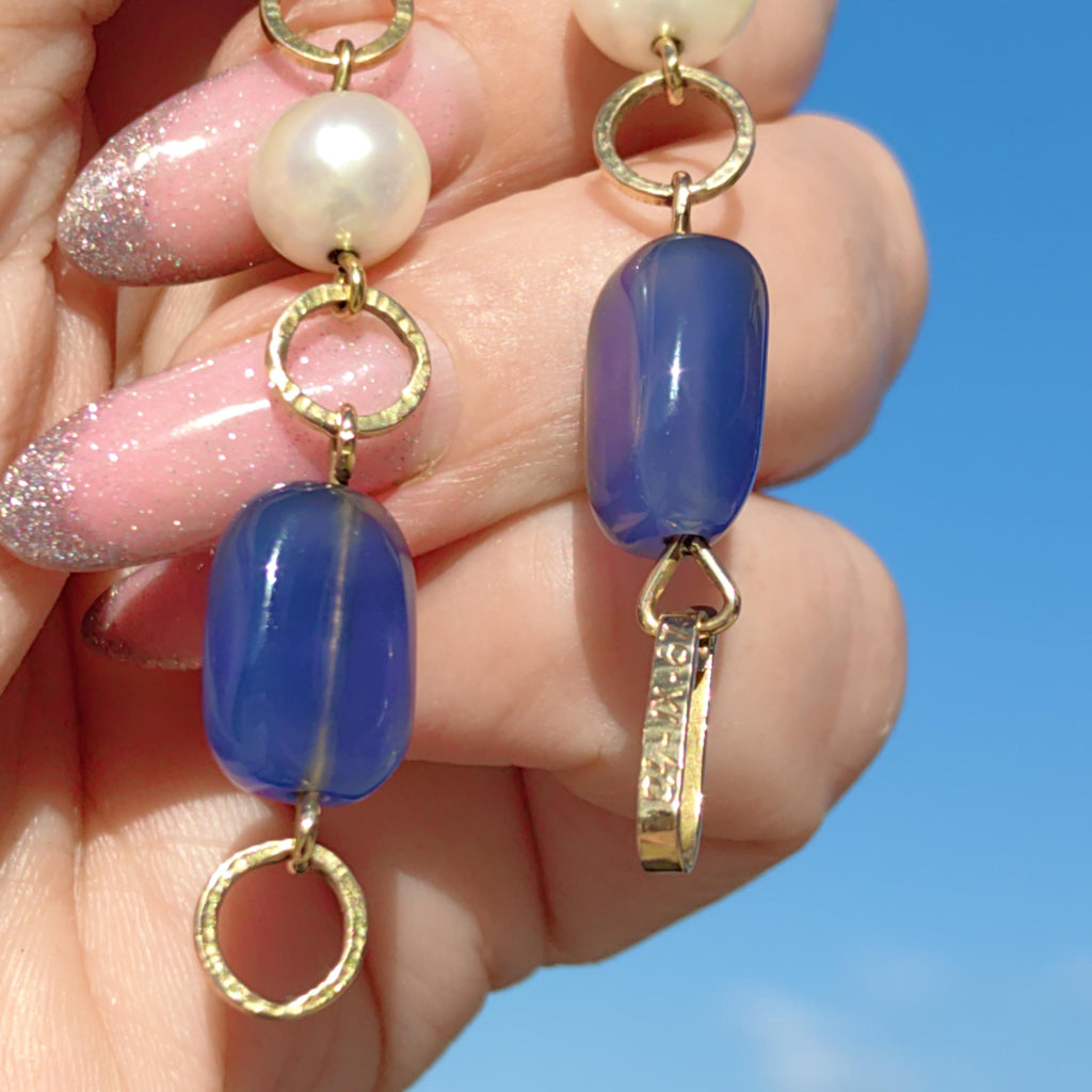 1960s Blue Chalcedony Pearl Bracelet: 18k Gold Beaded Chain