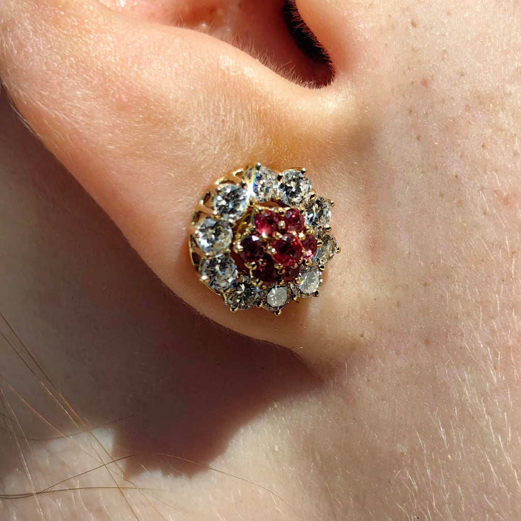 Vintage 18K Gold Floral Earrings: Ruby and Diamond Studs