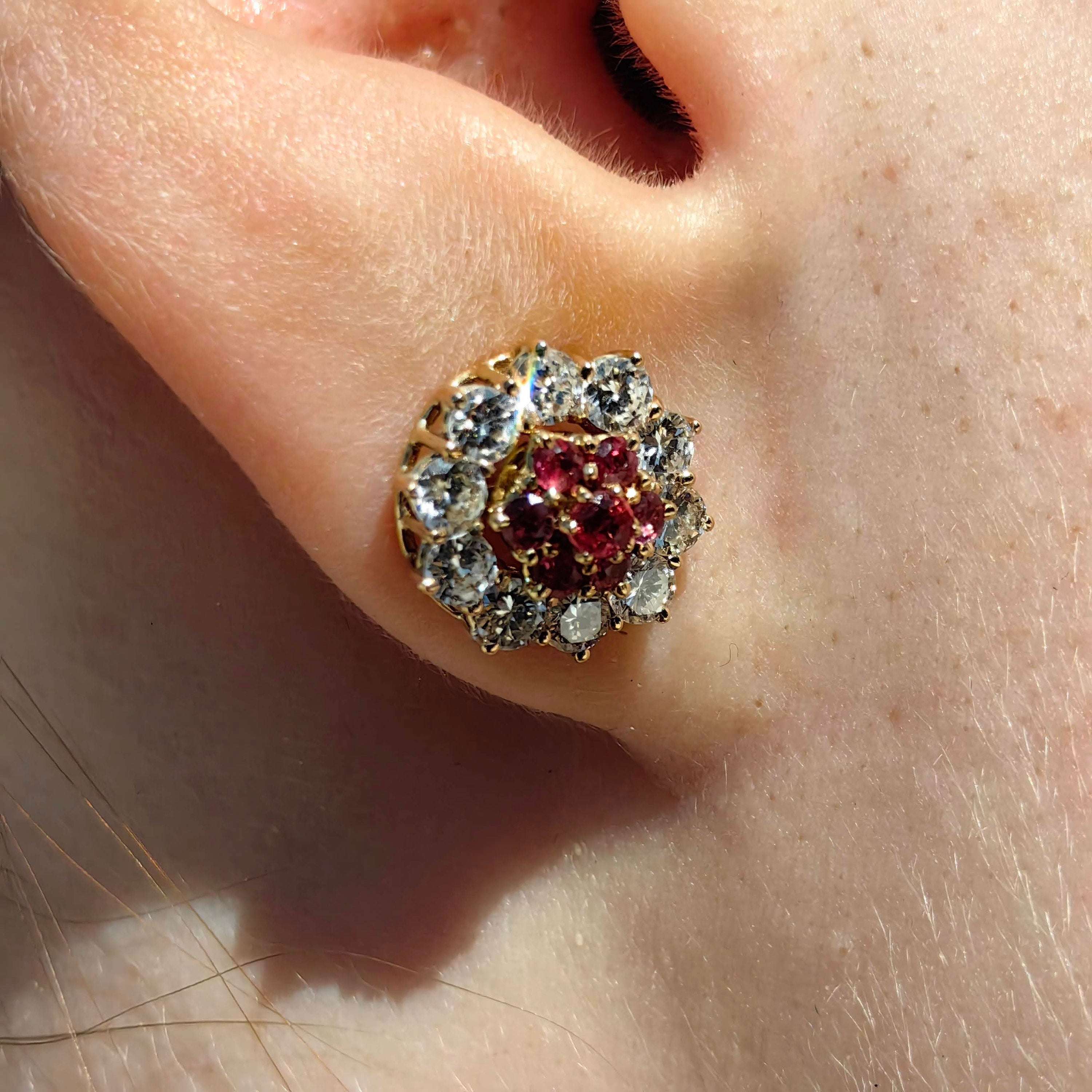 Vintage 18K Gold Floral Earrings: Ruby and Diamond Studs