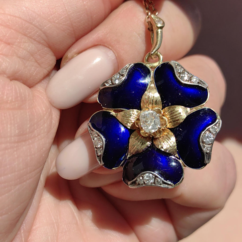 Victorian 1880s Natural Diamond & Blue Hand Painted Enamel Floral Flower Pendant 14k Solid Yellow Gold, Antique Vintage Charm