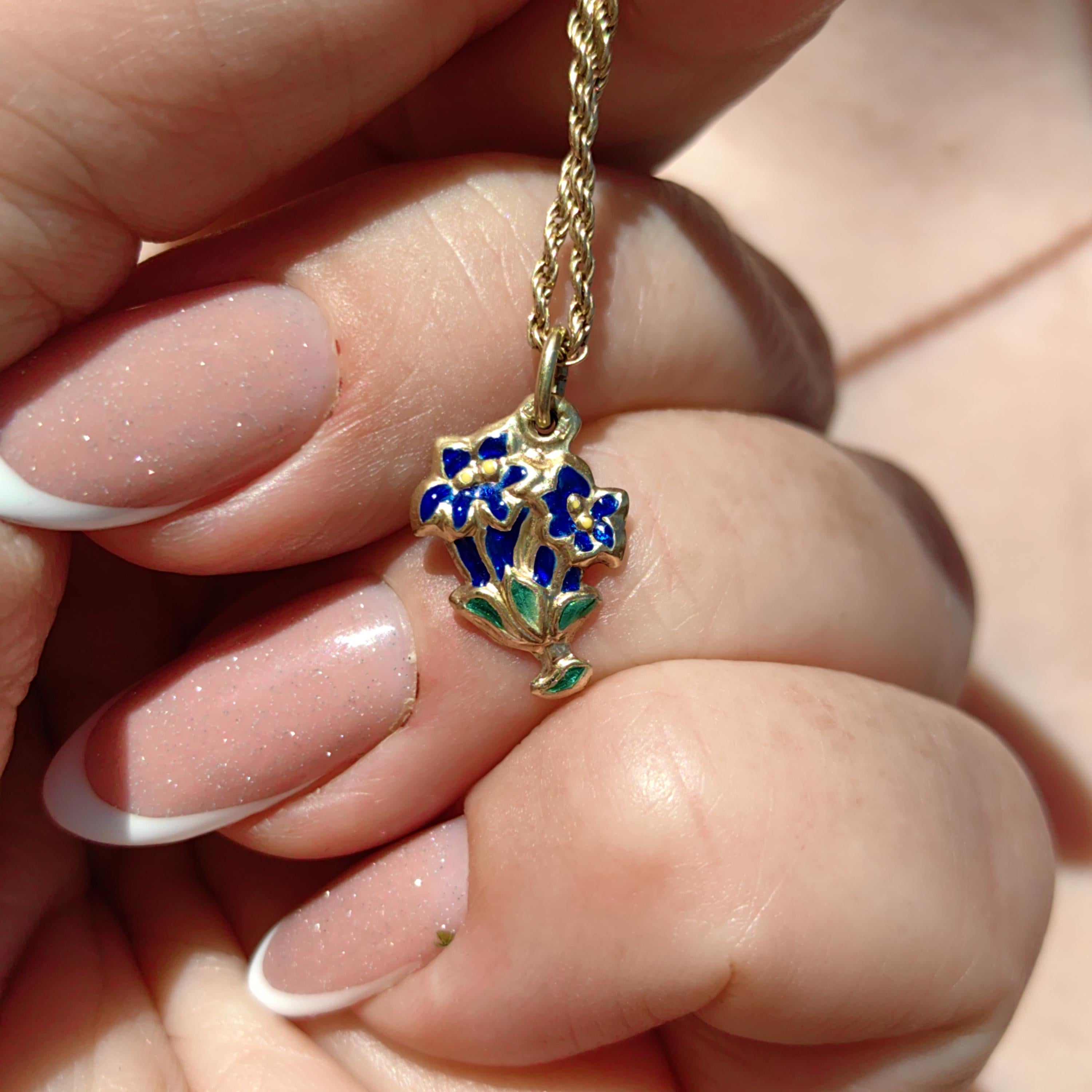 14k Gold Art Deco Floral Pendant: Hand Painted Enamel Flower Charm