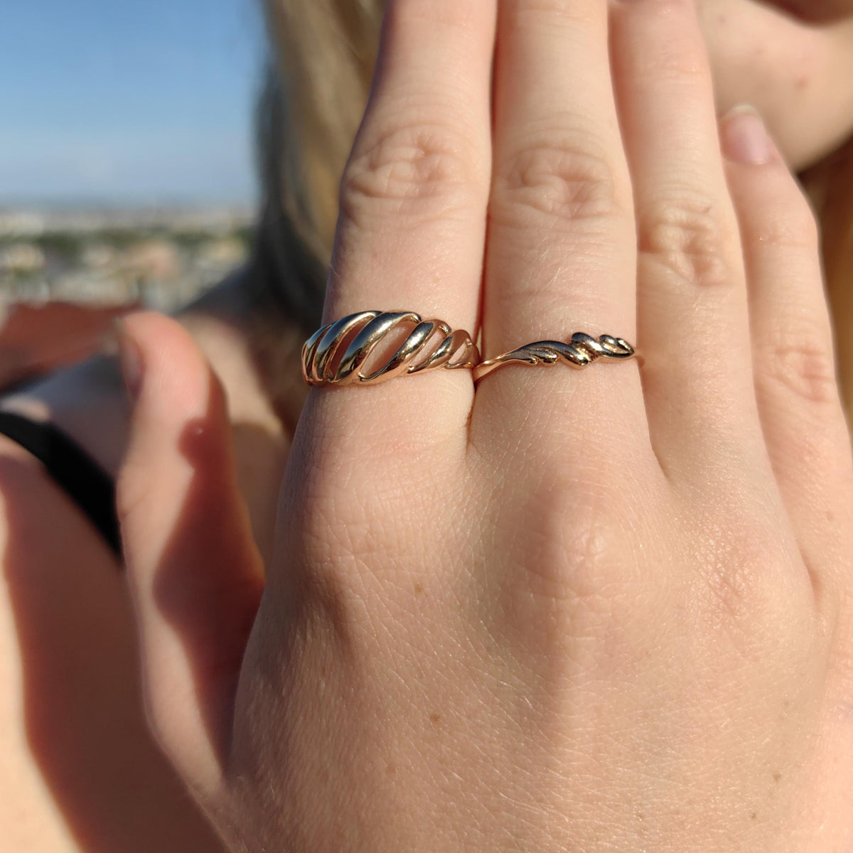 Dainty 14k Solid Yellow Rose Champagne Gold Chain Wave Elegant Ring Stackable Geometric Vintage Dainty Band Gift for Her Present