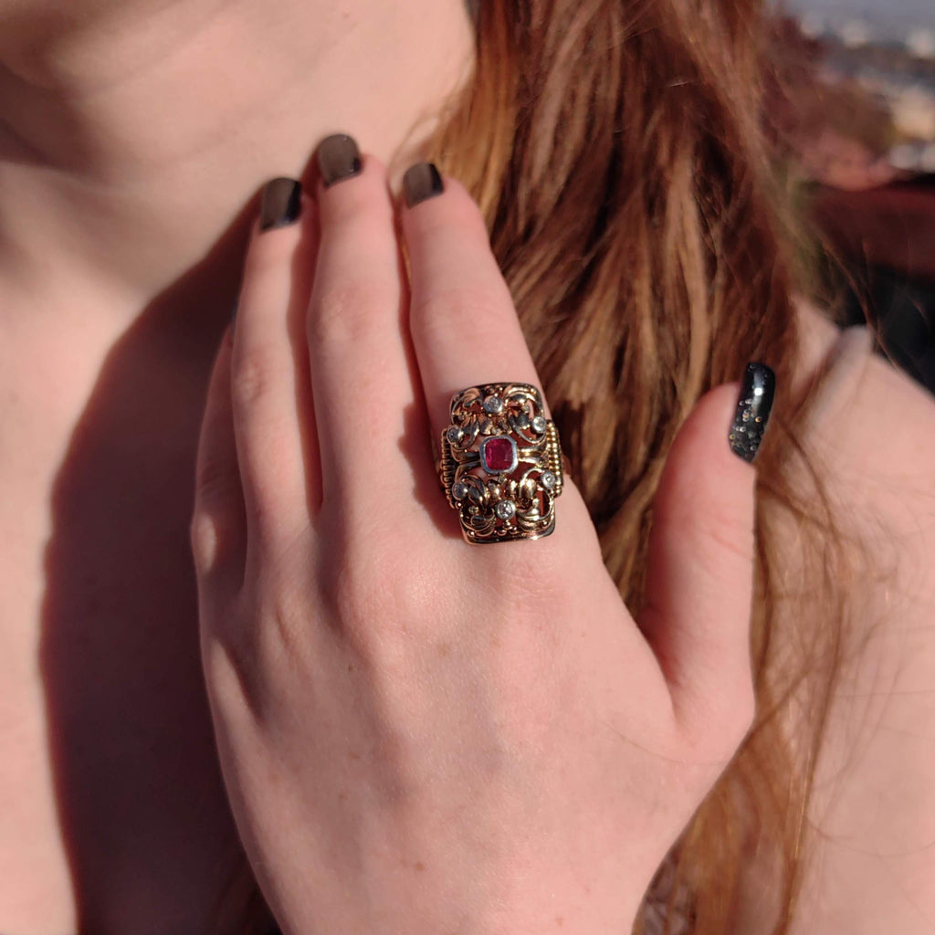 Vintage Art Deco 1920s Natural Red Ruby Diamond Ring Antique 14k Solid Yellow Gold Statement Ring Gift for Her