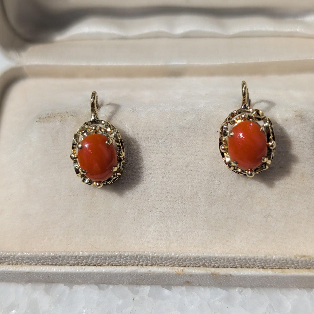 Victorian 1900s 14k Yellow Gold Coral Sleeper Earrings, Antique Oval Red Coral Lever Back Earrings, 9x15mm Art Nouveau US Duty Free HTS 9706