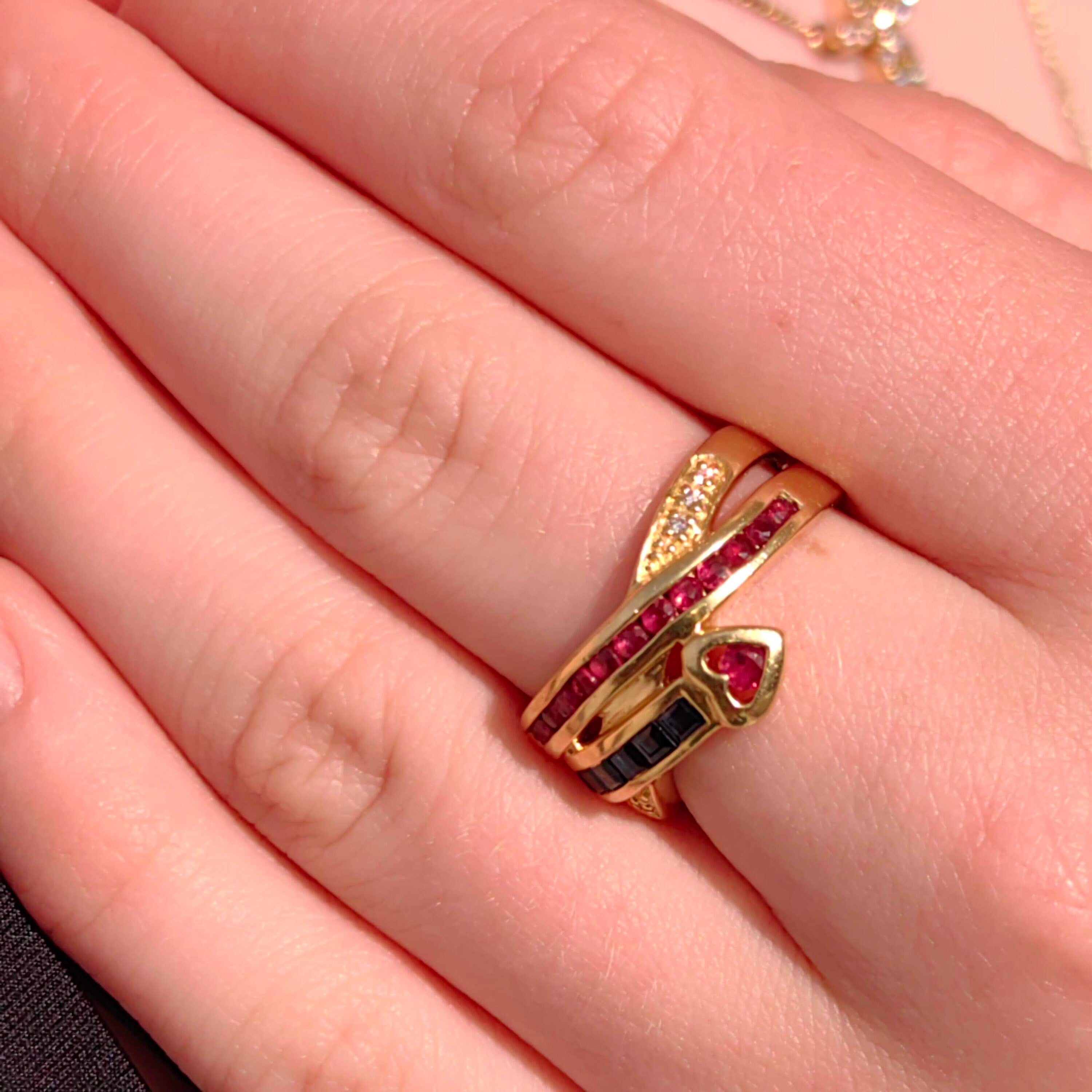 Vintage 18k Gold Snake Ring: Ruby, Sapphire & Diamond Statement Jewelry