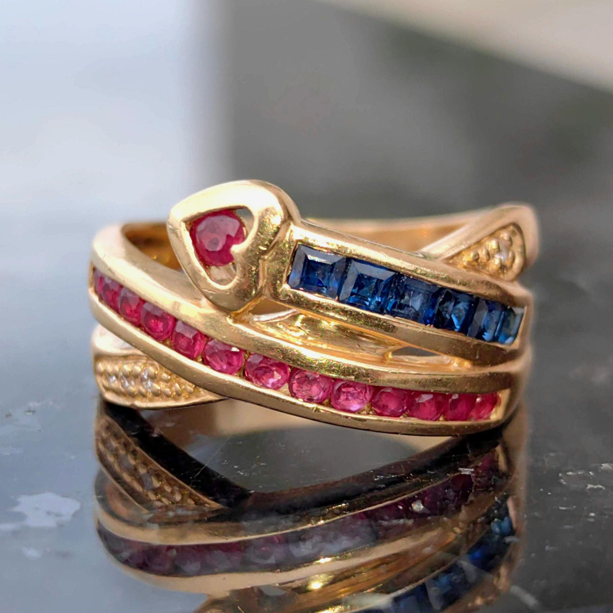 Vintage 18k Gold Snake Ring: Ruby, Sapphire & Diamond Statement Jewelry