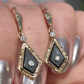 1920s Art Deco Onyx Diamond Dangle Earrings, 14k Gold Old European Cut Hallmarked Antique