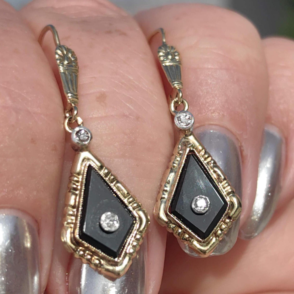 1920s Art Deco Onyx Diamond Dangle Earrings, 14k Gold Old European Cut Hallmarked Antique