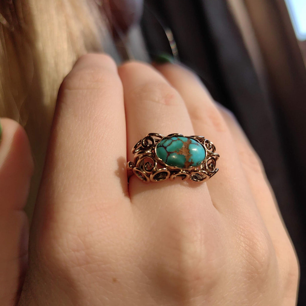 Art Deco Natural Blue Turquoise Ring, 14k Yellow Gold Antique Statement Ring, 1930s Cabochon Gemstone Vintage Jewelry Gift