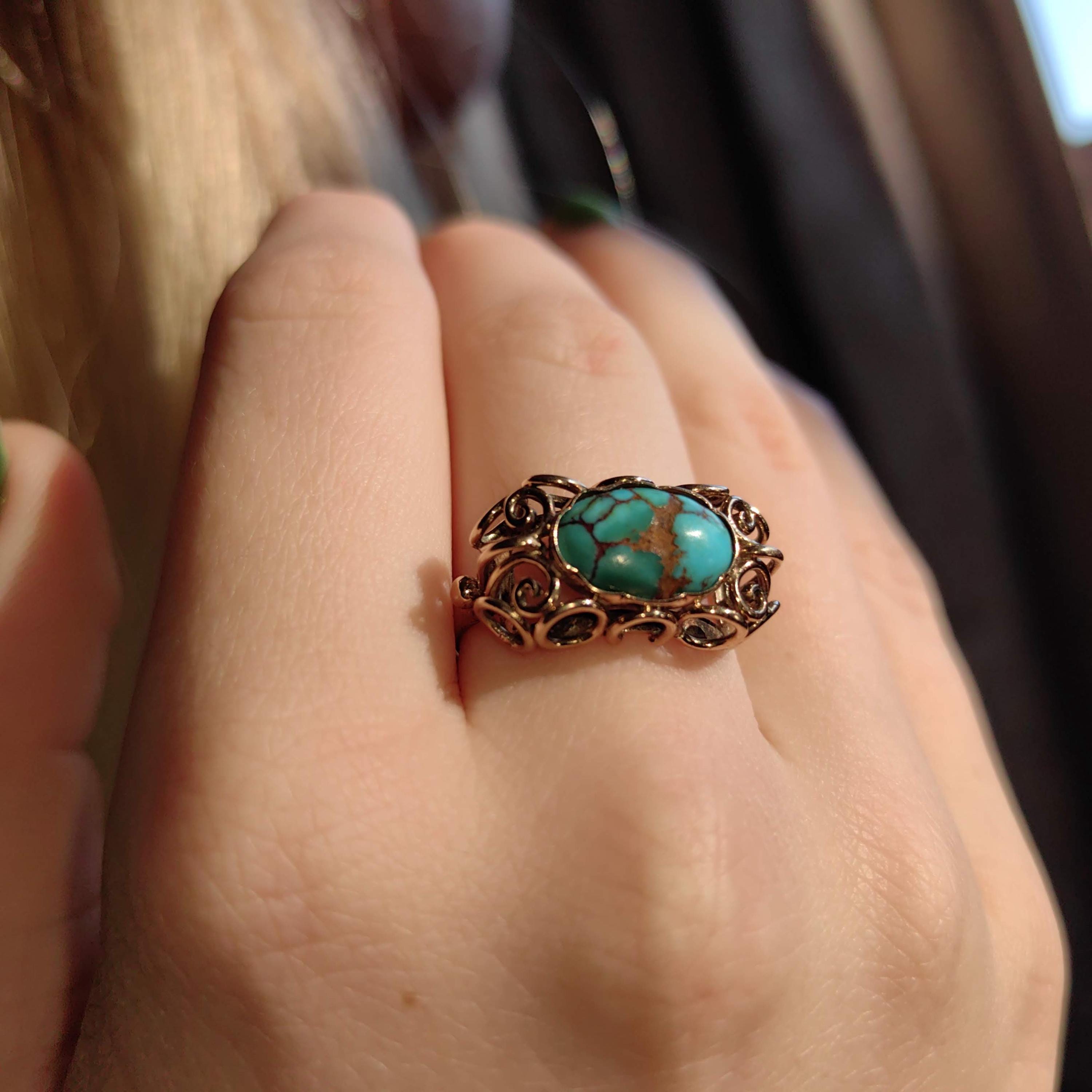 Art Deco Natural Blue Turquoise Ring, 14k Yellow Gold Antique Statement Ring, 1930s Cabochon Gemstone Vintage Jewelry Gift