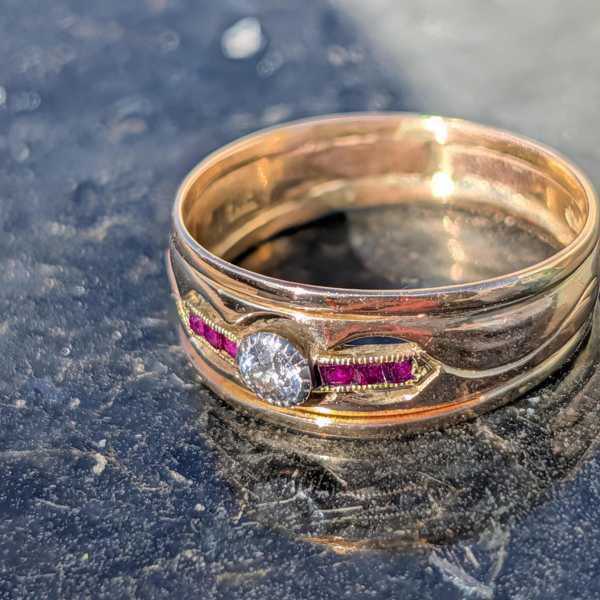 Art Deco 1920s Natural red Ruby Diamond 14K Solid Yellow Gold Hallmarked Ring Vintage Chevalier ring, Band Stackable Ring, US size 7