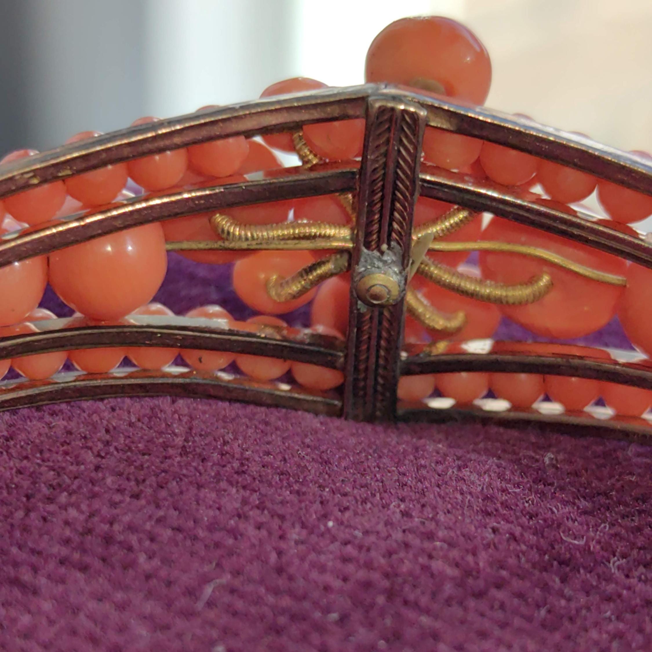 Victorian Coral Bracelet Gold Plated Silver Hinged Bangle Antique Coral Bead Statement Jewelry US Duty Free HTS 9706