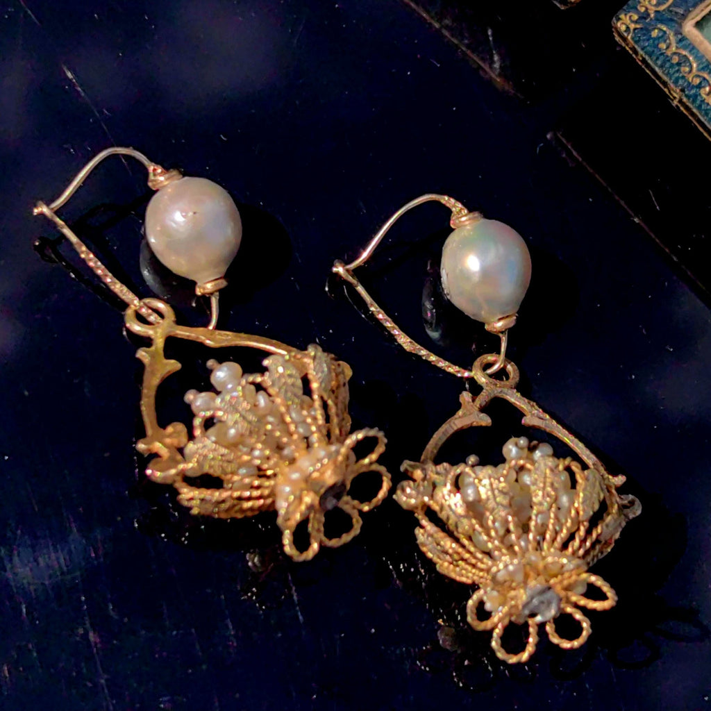 Antique 14k Gold Pearl Chandelier Earrings: 1800s Baroque Floral Dangle
