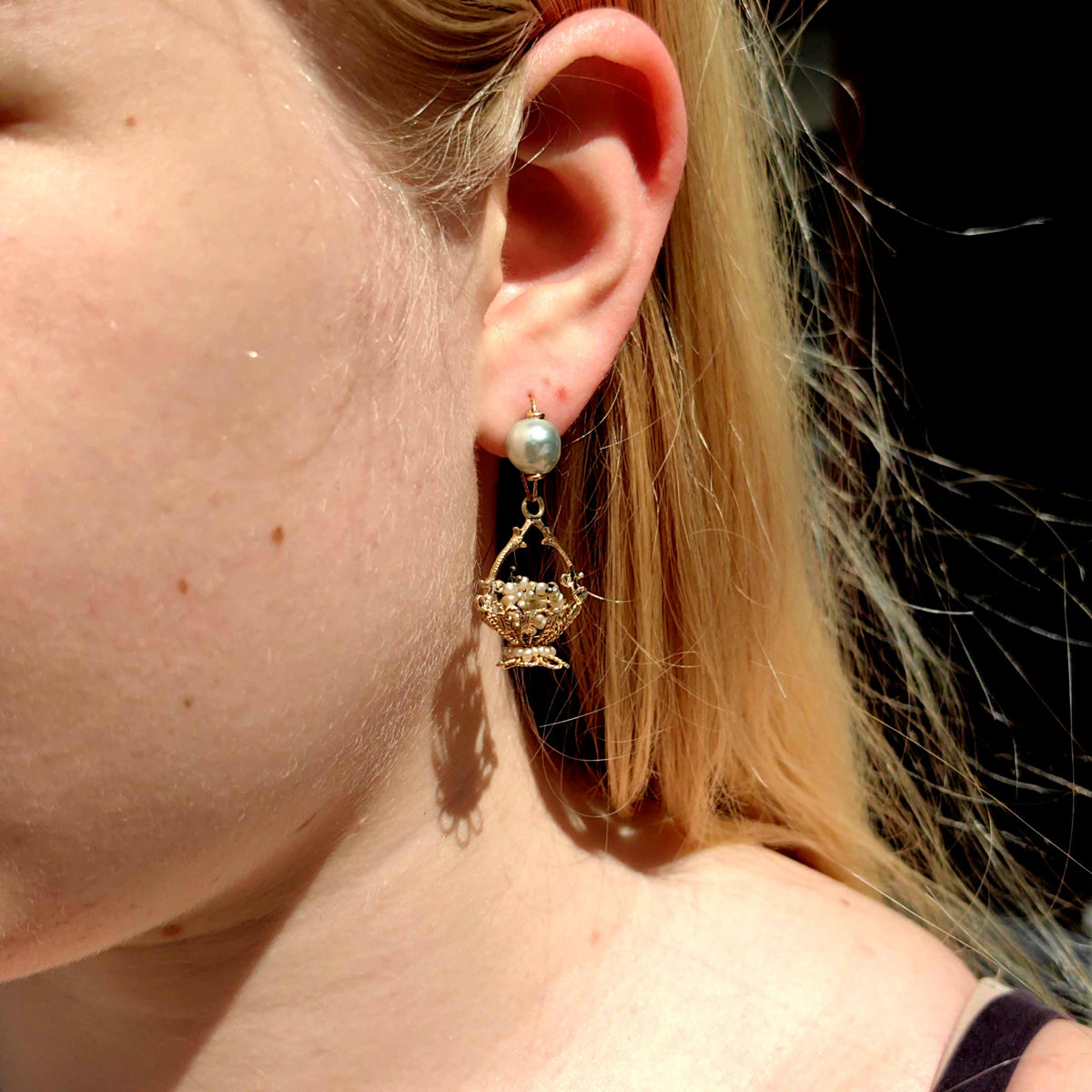 Antique 14k Gold Pearl Chandelier Earrings: 1800s Baroque Floral Dangle