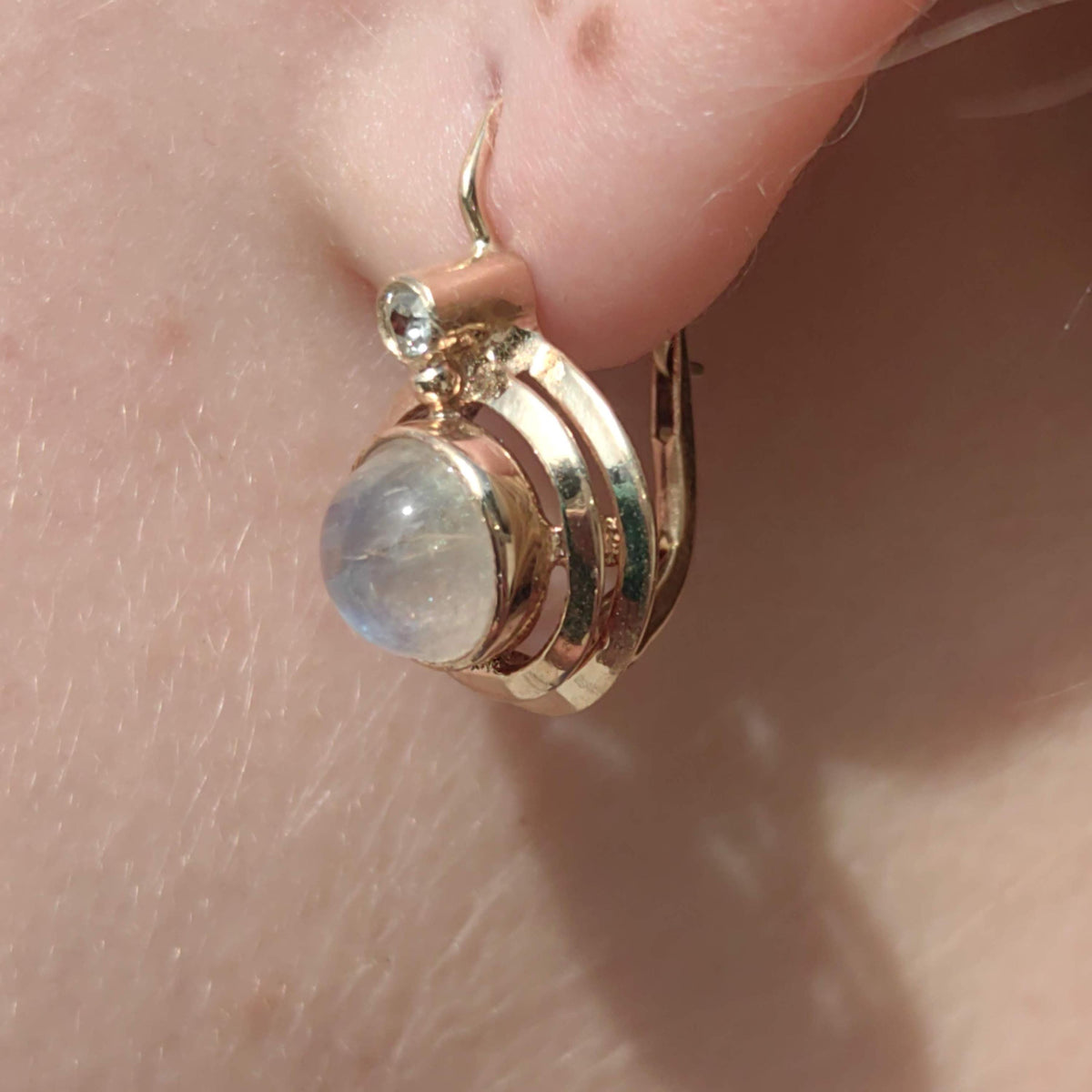 1920s Art Deco Moonstone Diamond Earrings, 14k Rose Gold, Hungarian Hallmarked Dangle
