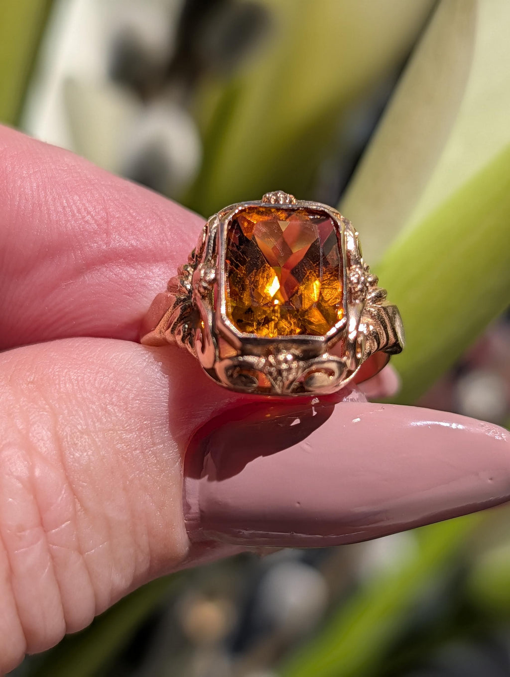Mid Century Art Deco Style  Citrine Solid 14k Hallmarked Yellow Gold Statement Solitaire Emerald Cut Ring, Unisex Yellow Stone Ring Gift