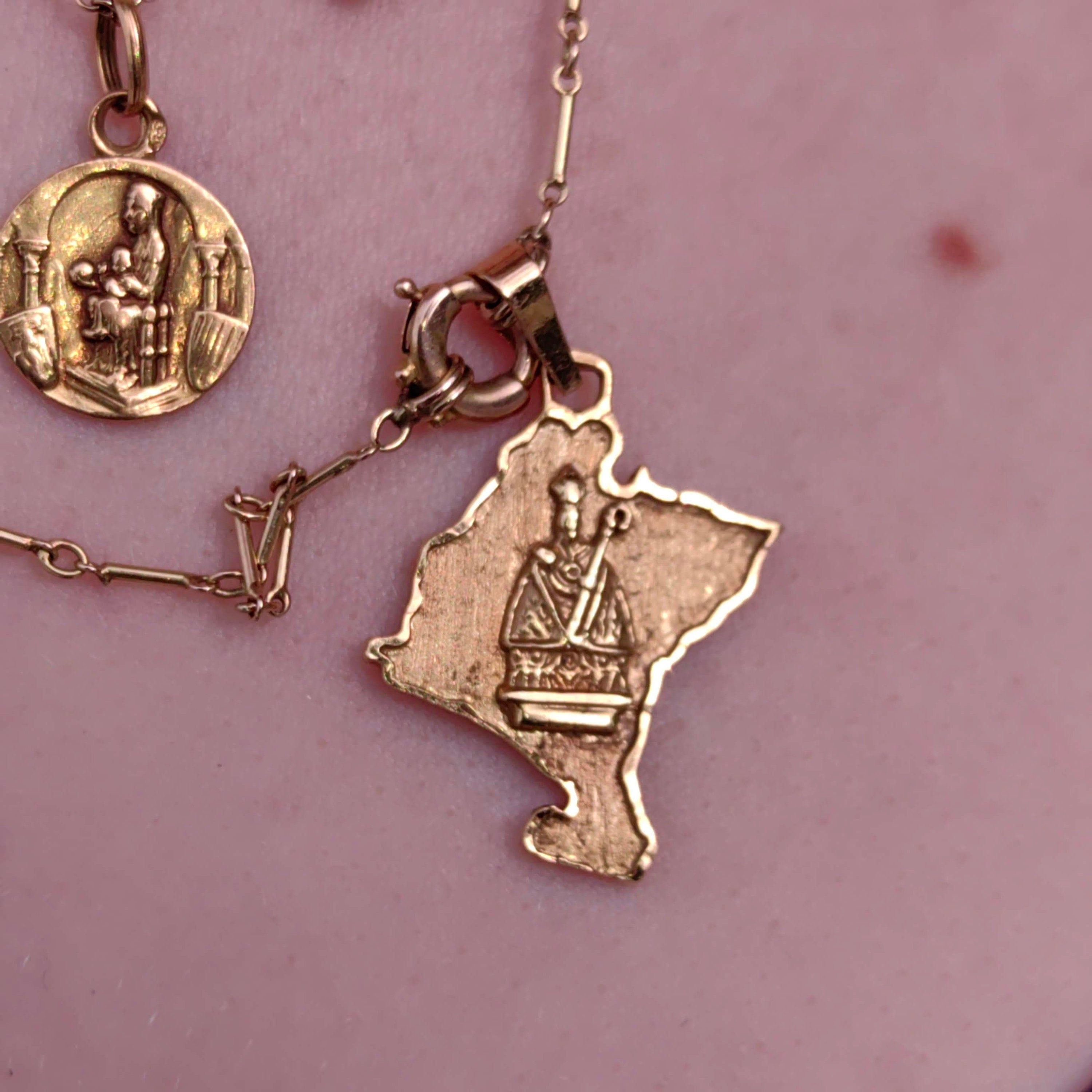 Vintage 18k Gold Virgin Mary Brazil Map Pendant Charm