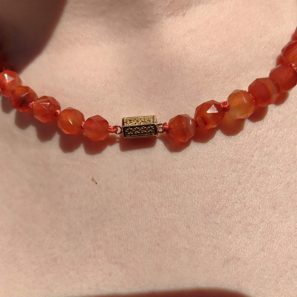 Antique Orange Agate Beaded Necklace: 14k Gold Amour Love Lock