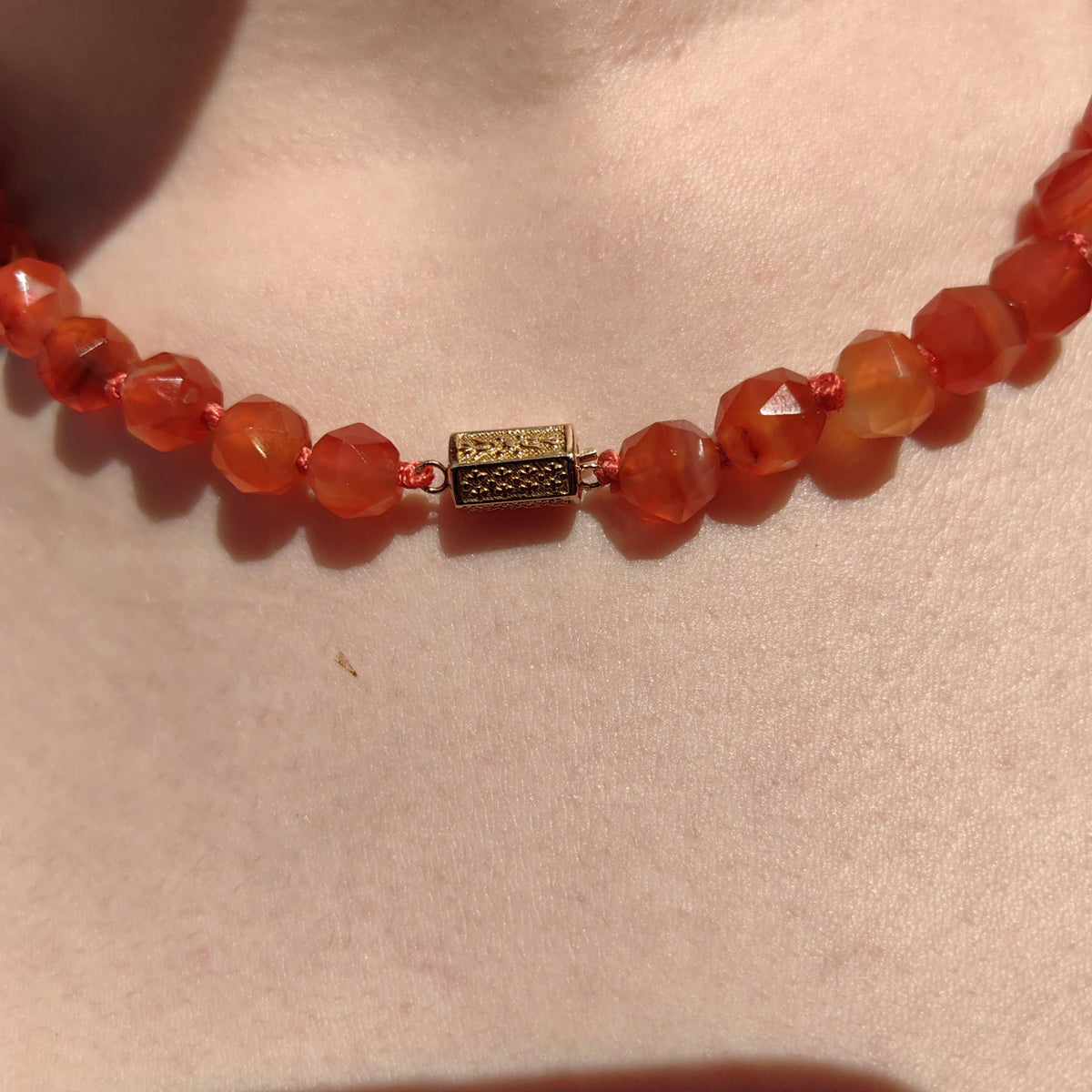 Antique Orange Agate Beaded Necklace: 14k Gold Amour Love Lock