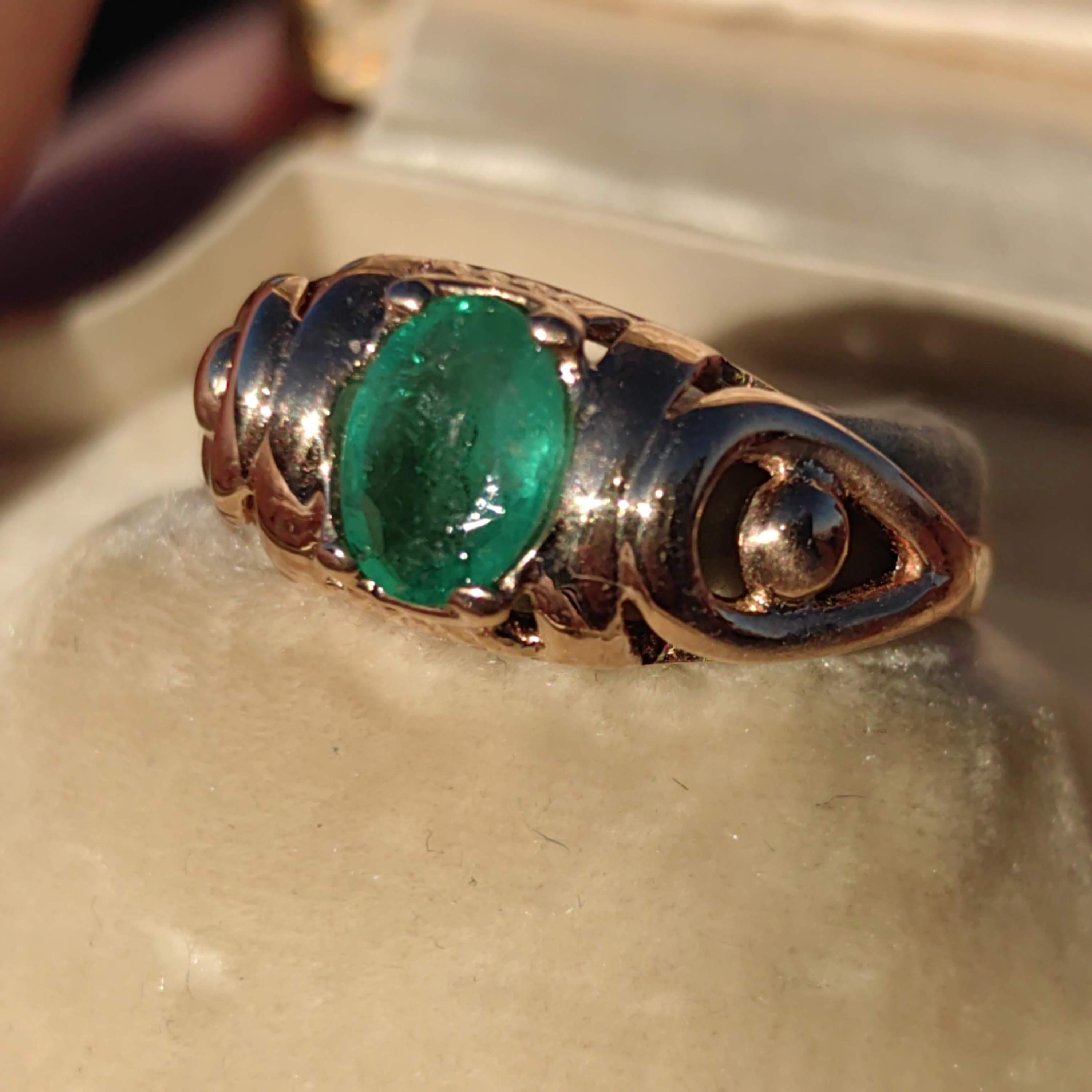 Art Nouveau 1900s Emerald Hallmarked 14k 585 Solid Yellow Rose Gold Antique Vintage Oval Natural Stone Band Solitaire Ring Gift Present