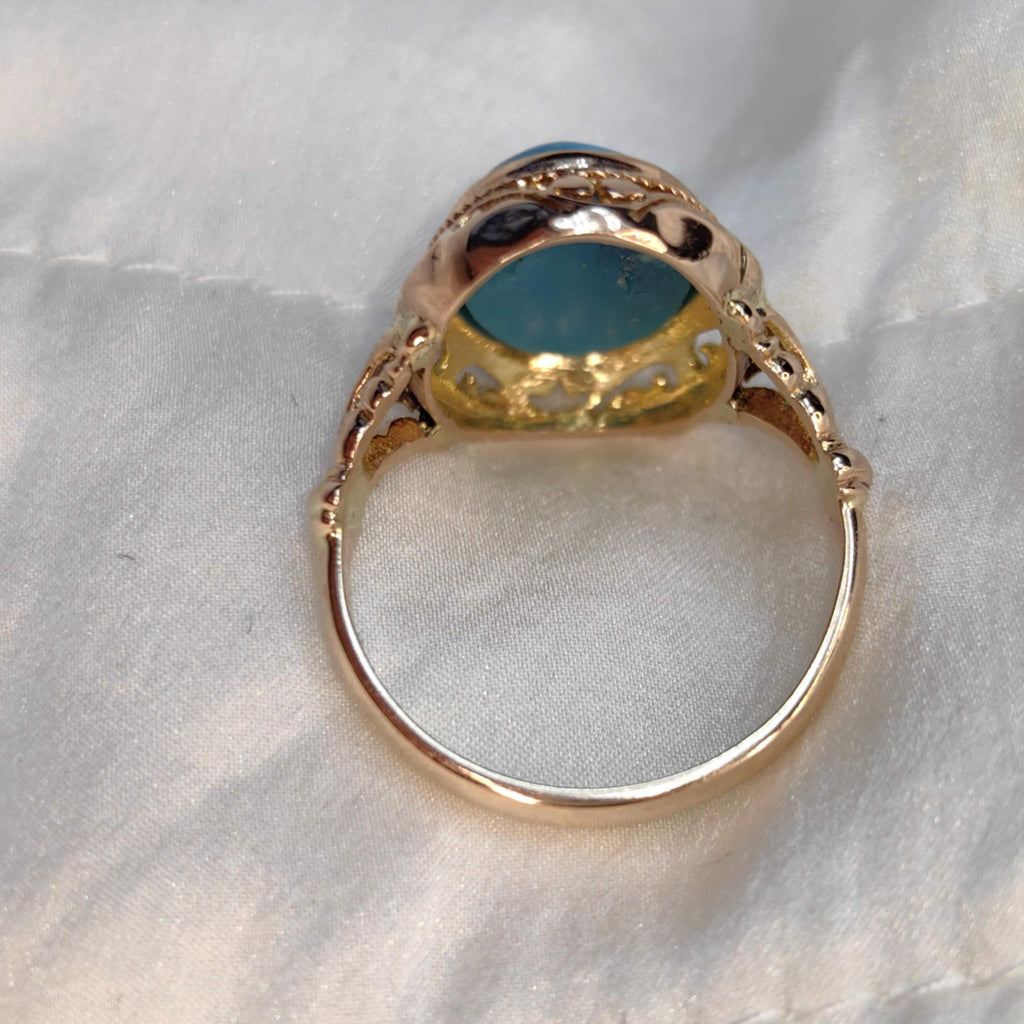 Vintage 14k Solid Yellow Gold Natural Blue Turquoise Ring, Antique 1930s Hand Chiseled Statement Jewelry Gift for Her