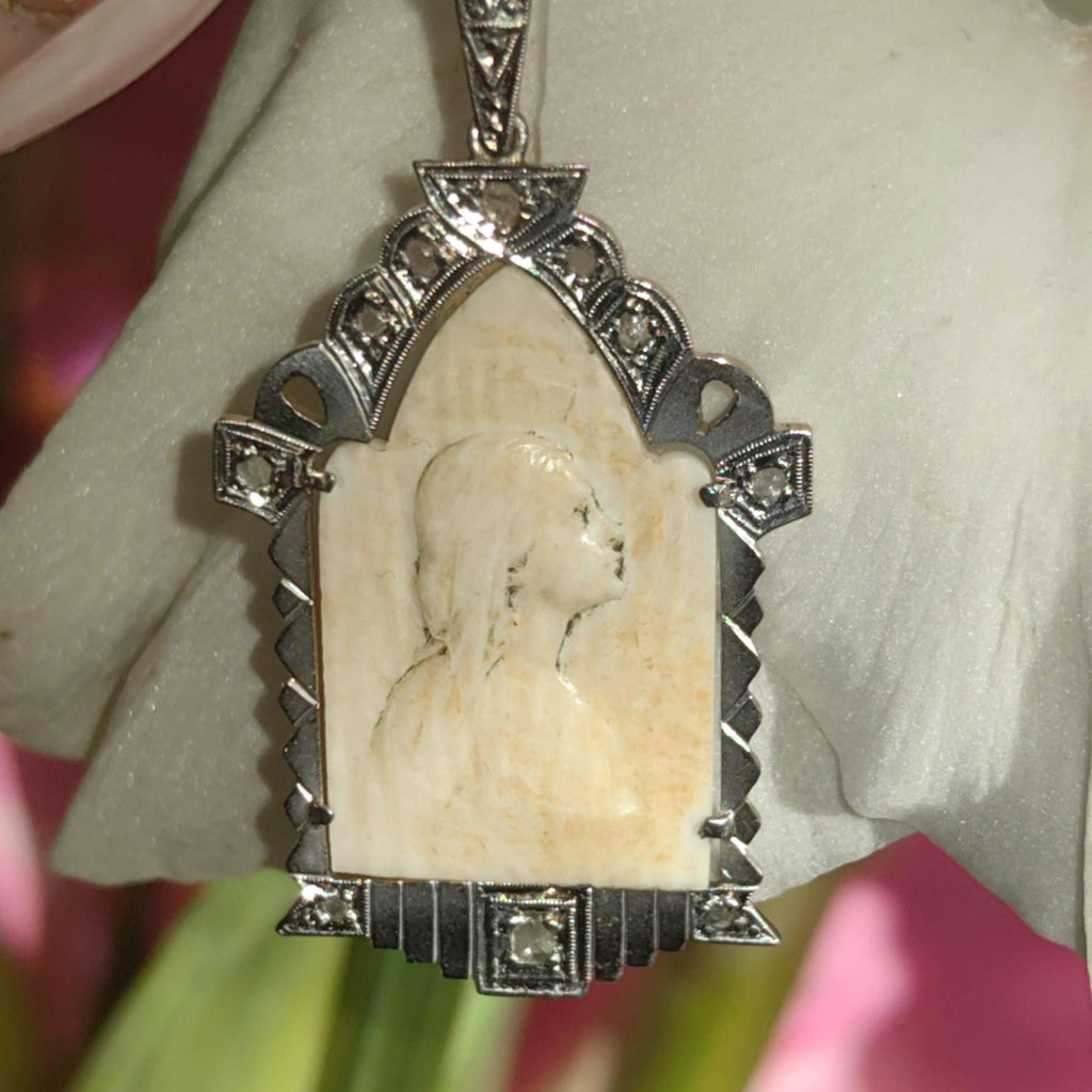 Vintage 1930s Diamond Bone Hand Carved Cameo Pendant 18k Gold & Platinum Bone Portrait Medal Antique Present