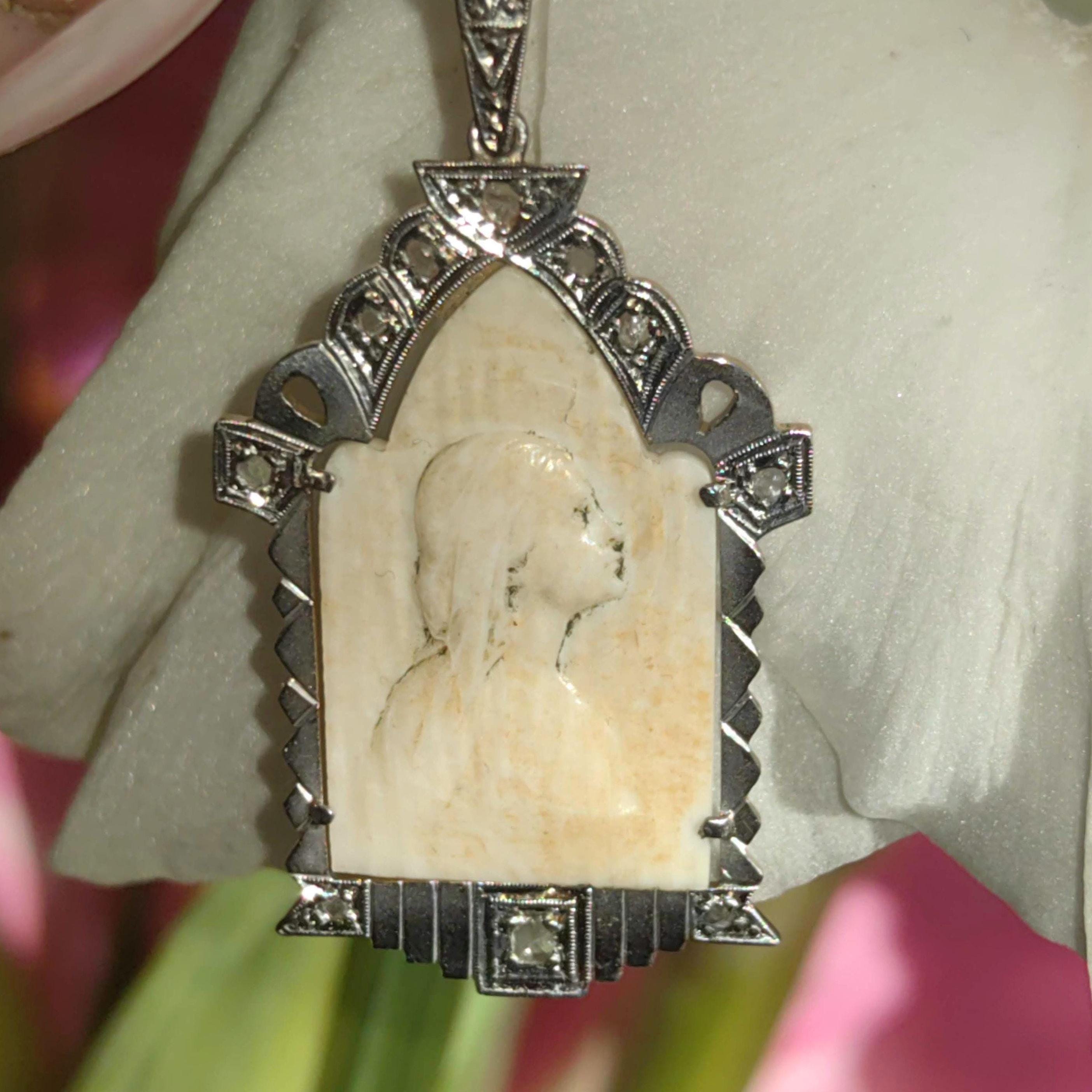 Vintage 1930s Diamond Bone Hand Carved Cameo Pendant 18k Gold & Platinum Bone Portrait Medal Antique Present