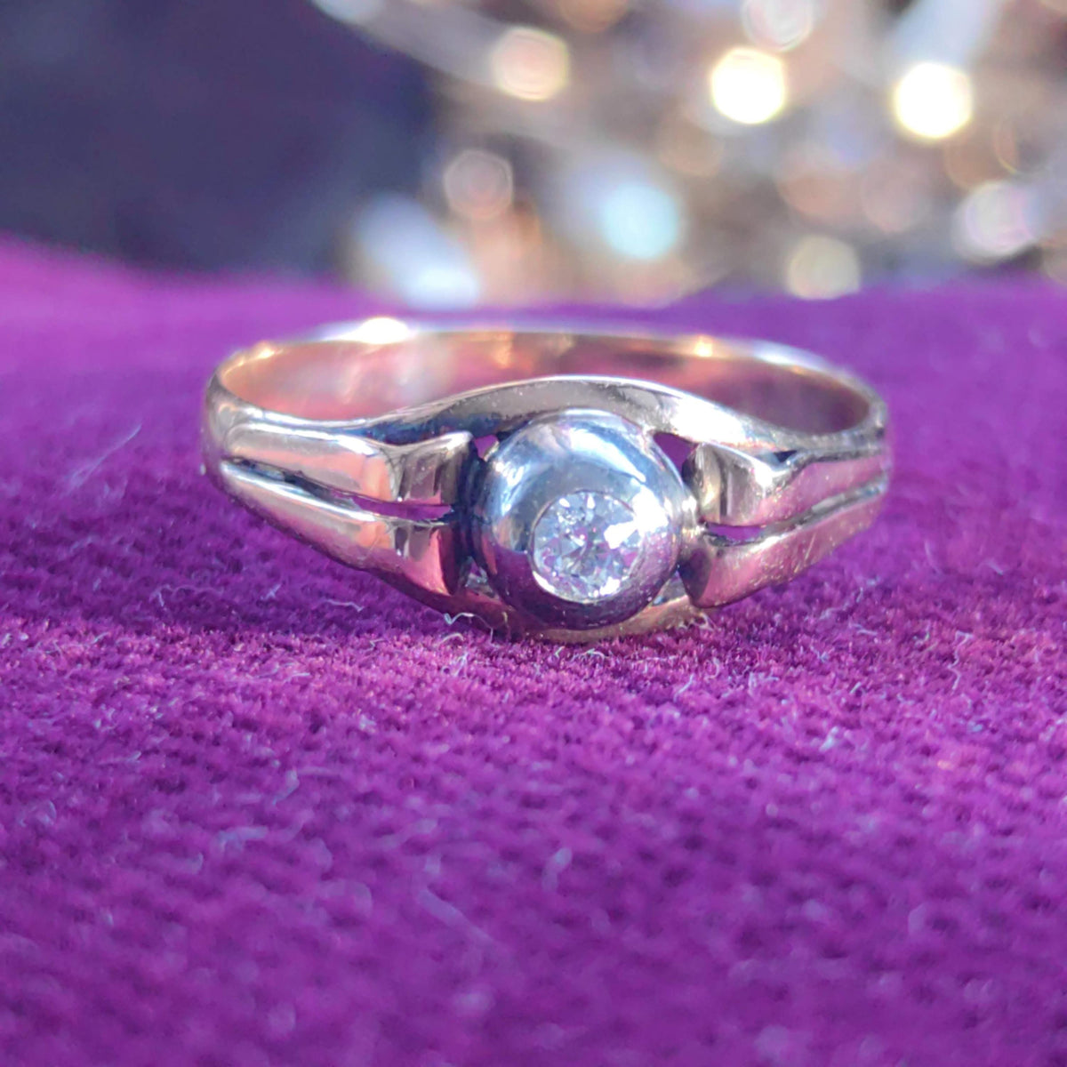 1900s Art Nouveau Vintage 14k Solid Yellow Rose Gold Natural Diamond Solitaire Hallmarked  Gold Bezel Setting Engagement Ring Gift for Her