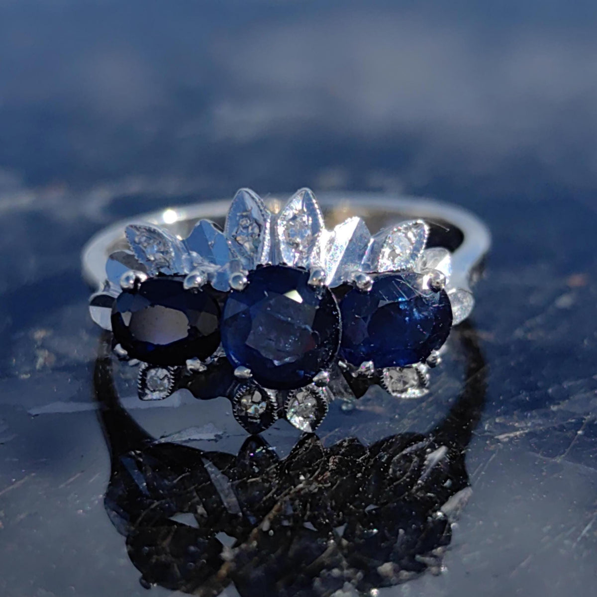 Natural Sapphire Diamond 18k 750 Hallmarked Solid White Gold Mid Century Engagement Ring, Vintage Antique Elegant Ring Gift for Her