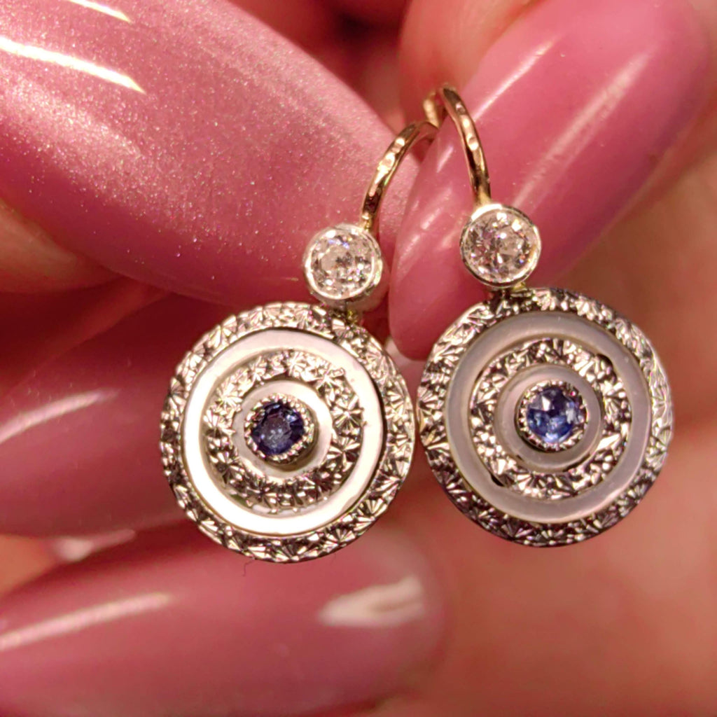 1920s Art Deco Antique Diamond and Sapphire Solid Yellow Gold Elegant Statement Earrings Lever Back Closure Gift for Her