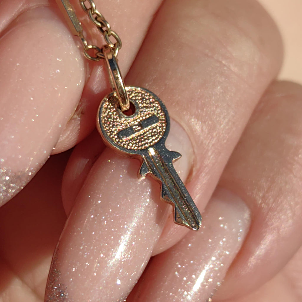 Antique Vintage Solid 14k Yellow Rose Champagne Gold Dainty Elegant Key Necklace Pendant Bracelet Charm  Gift for Her
