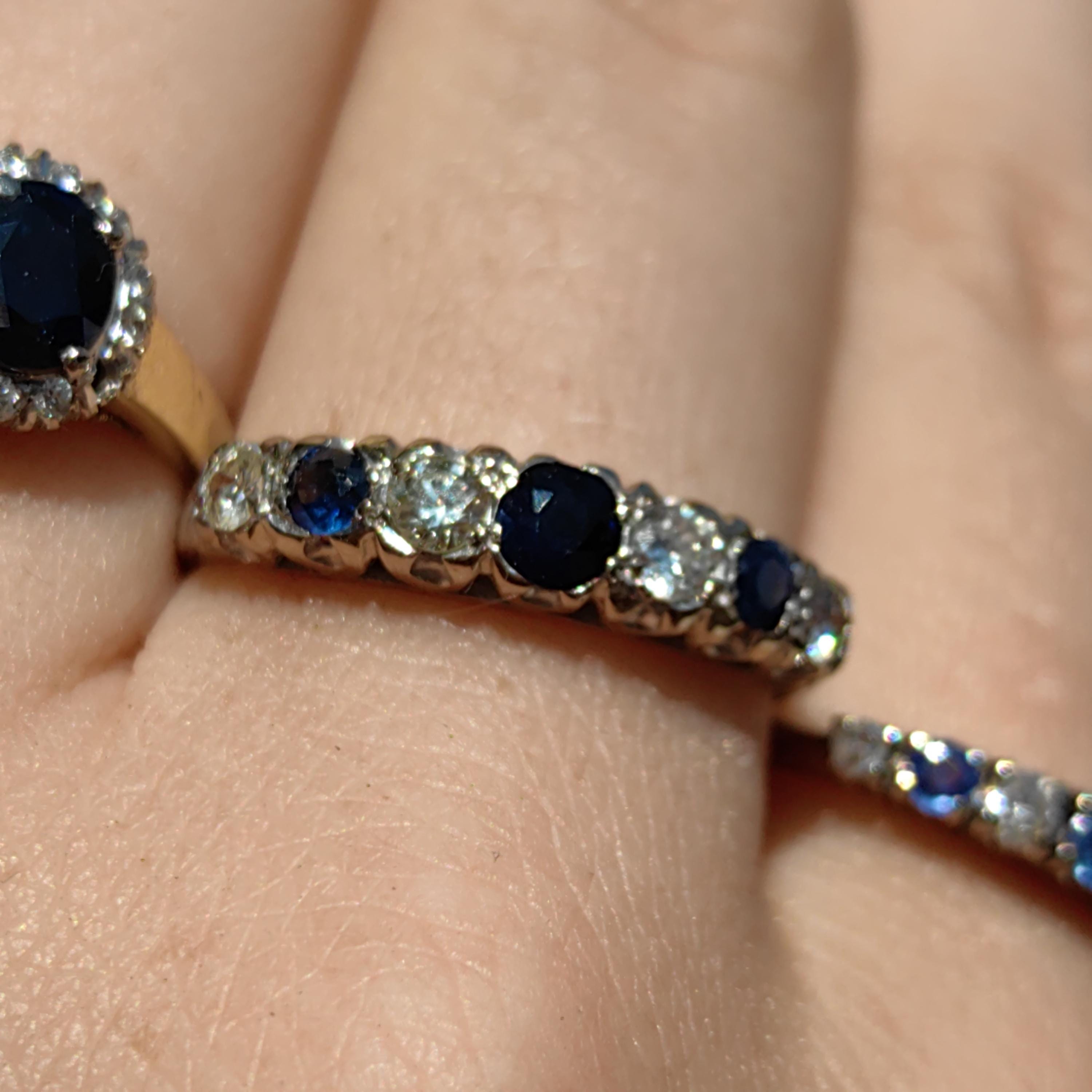 Vintage Sapphire Diamond Band: 18k White Gold Engagement Ring, 1940s