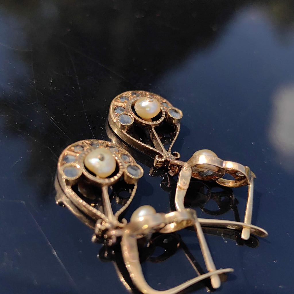 Antique 18k Gold Pearl Rose Cut Diamond Earrings: Victorian Dangle Drop