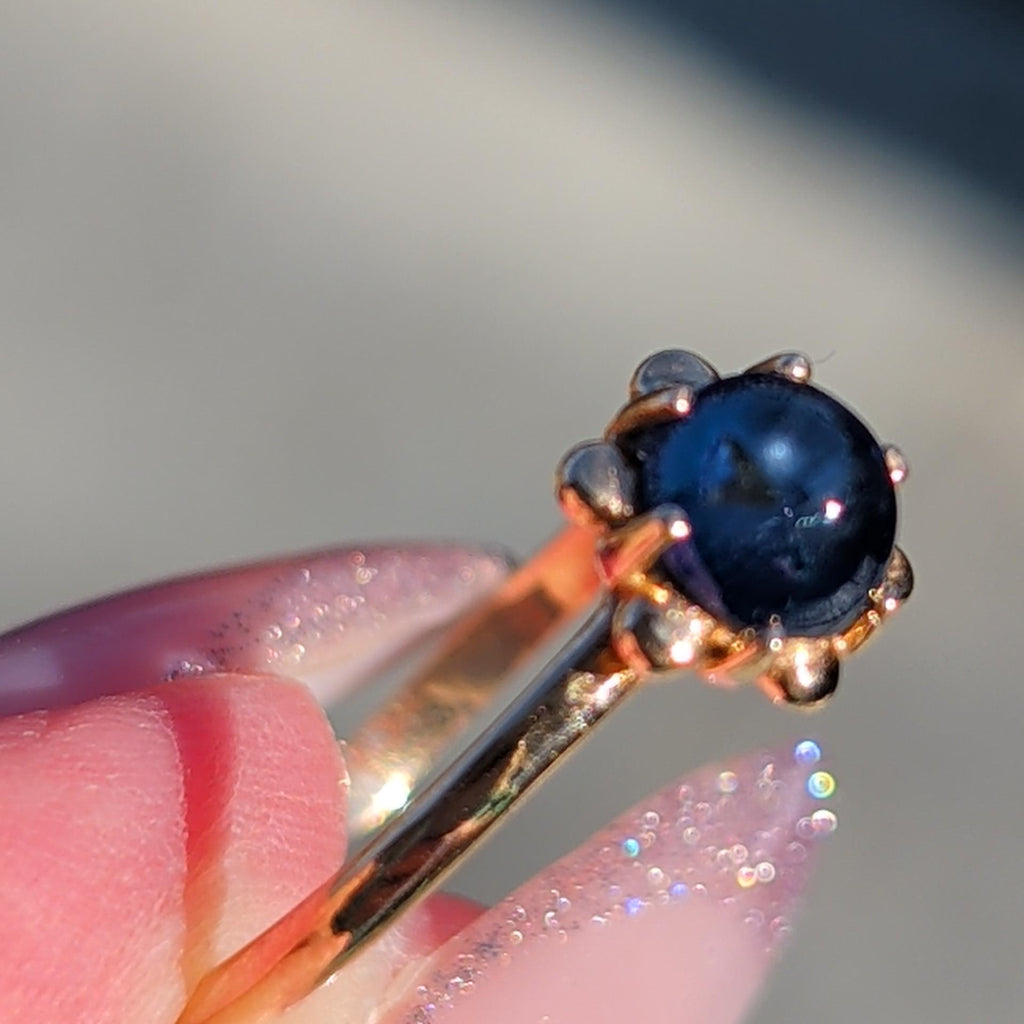 Vintage Blue Natural Cabochon Sapphire Solid Yellow Gold Dainty Ring Sapphire Engagement Ring Gift for Her Present