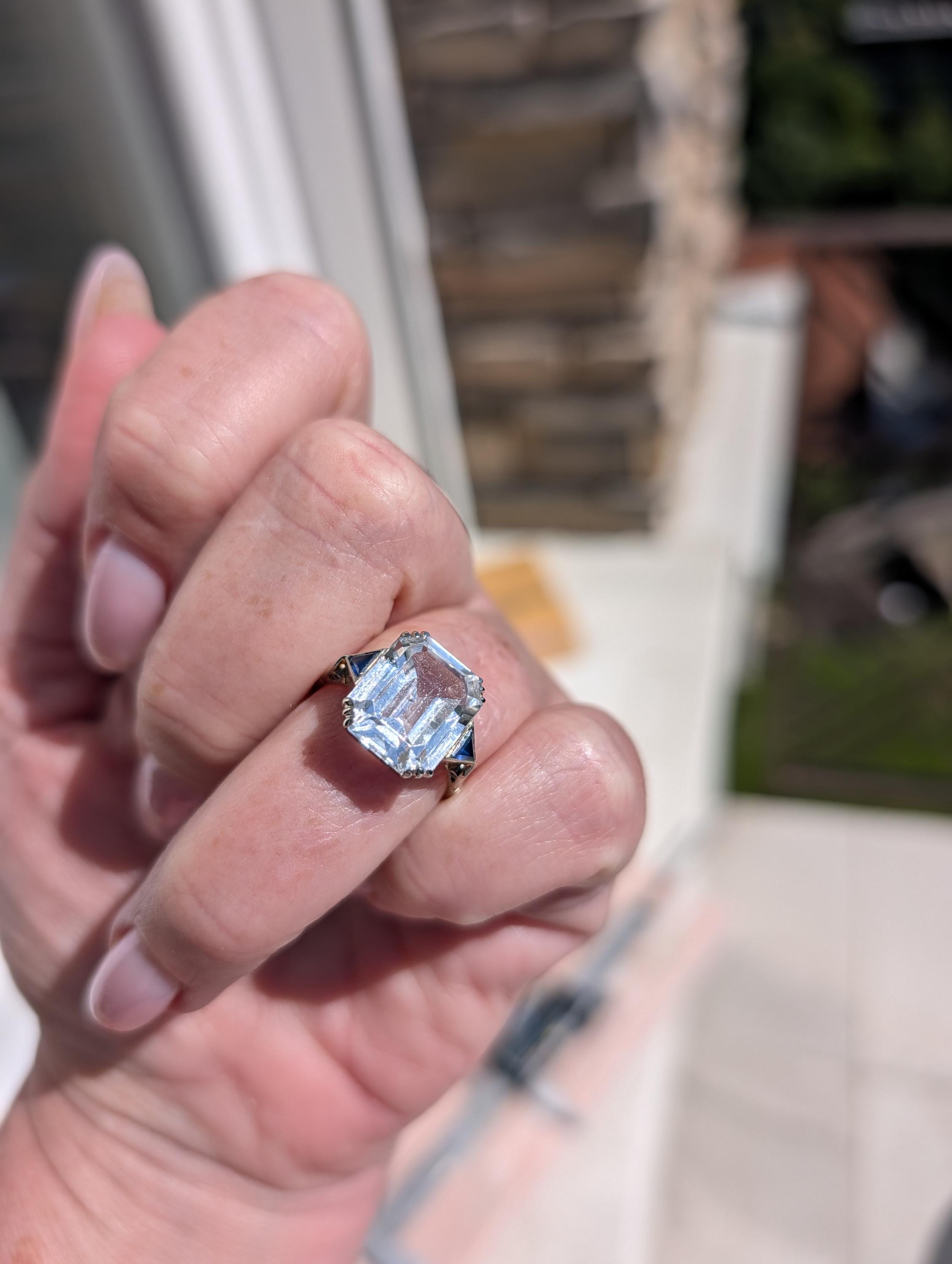 RESERVED!! French Art Deco Goshenite Sapphire Ring, 18k Gold Emerald Cut Beryl Cocktail Ring