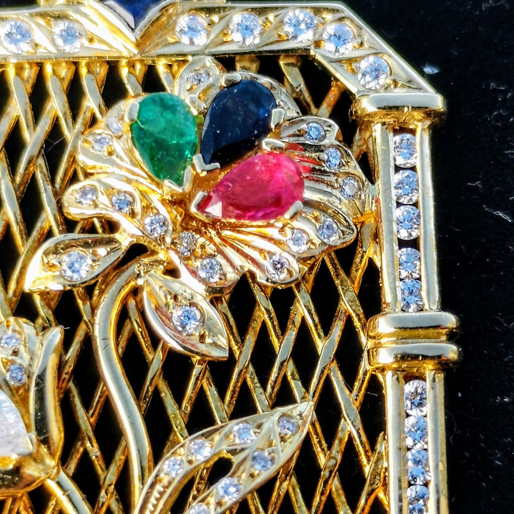 Art Deco 18k Gold Diamond Tutti Frutti Pendant: Emerald, Ruby, Sapphire