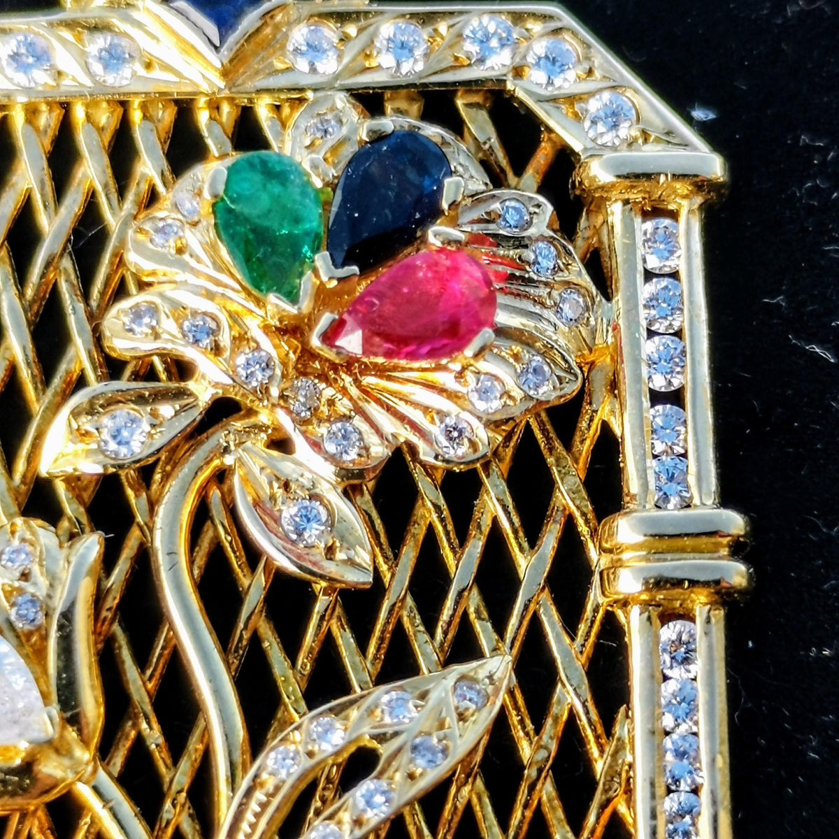 Art Deco 18k Gold Diamond Tutti Frutti Pendant: Emerald, Ruby, Sapphire