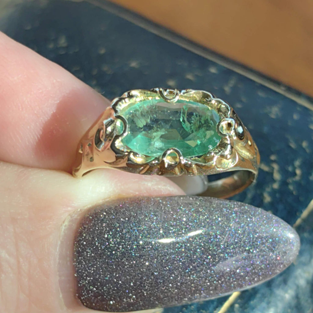 Victorian Natural Emerald  18k Solid Yellow Gold Hallmarked Antique  1880s Band Solitaire Statement Ring US Duty Free HTS 9706