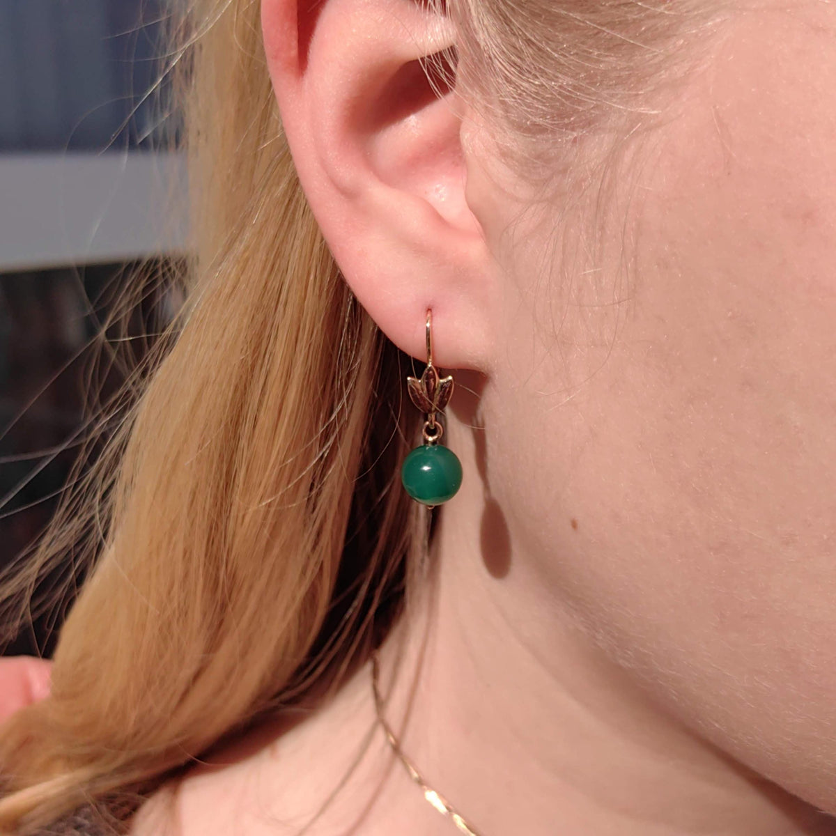 Green Chalcedony 14k Gold Earrings: Vintage 1950s Dormeuse Style