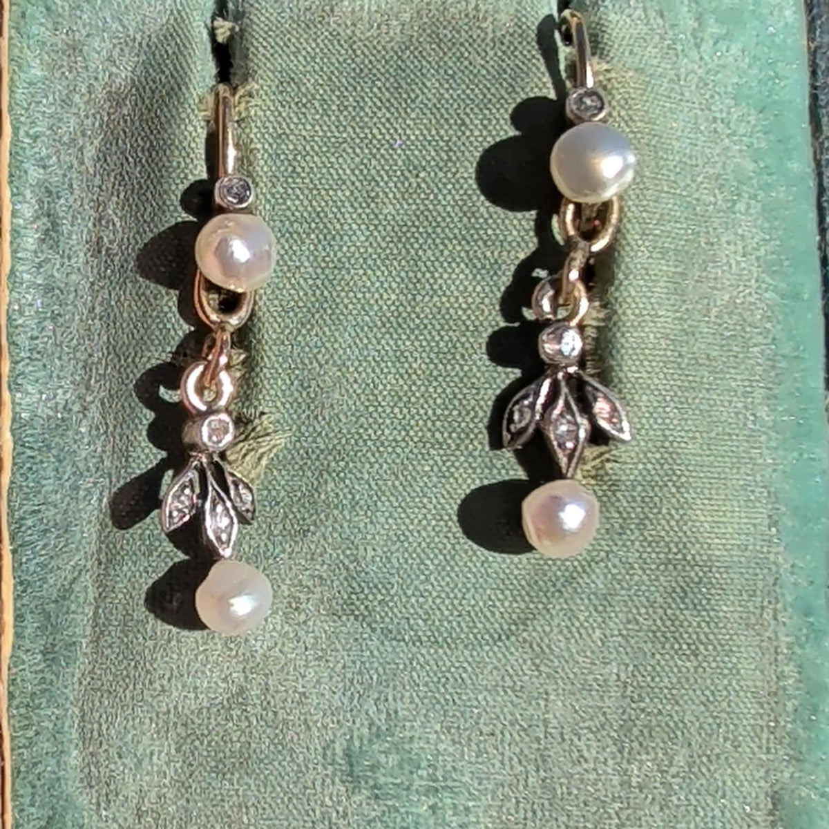 Natural Pearl and Diamond 1900s Art Nouveau Vintage 14K Solid Yellow Rose Gold Dangle Drop Elegant Dainty Feminine Earrings Gift for Her