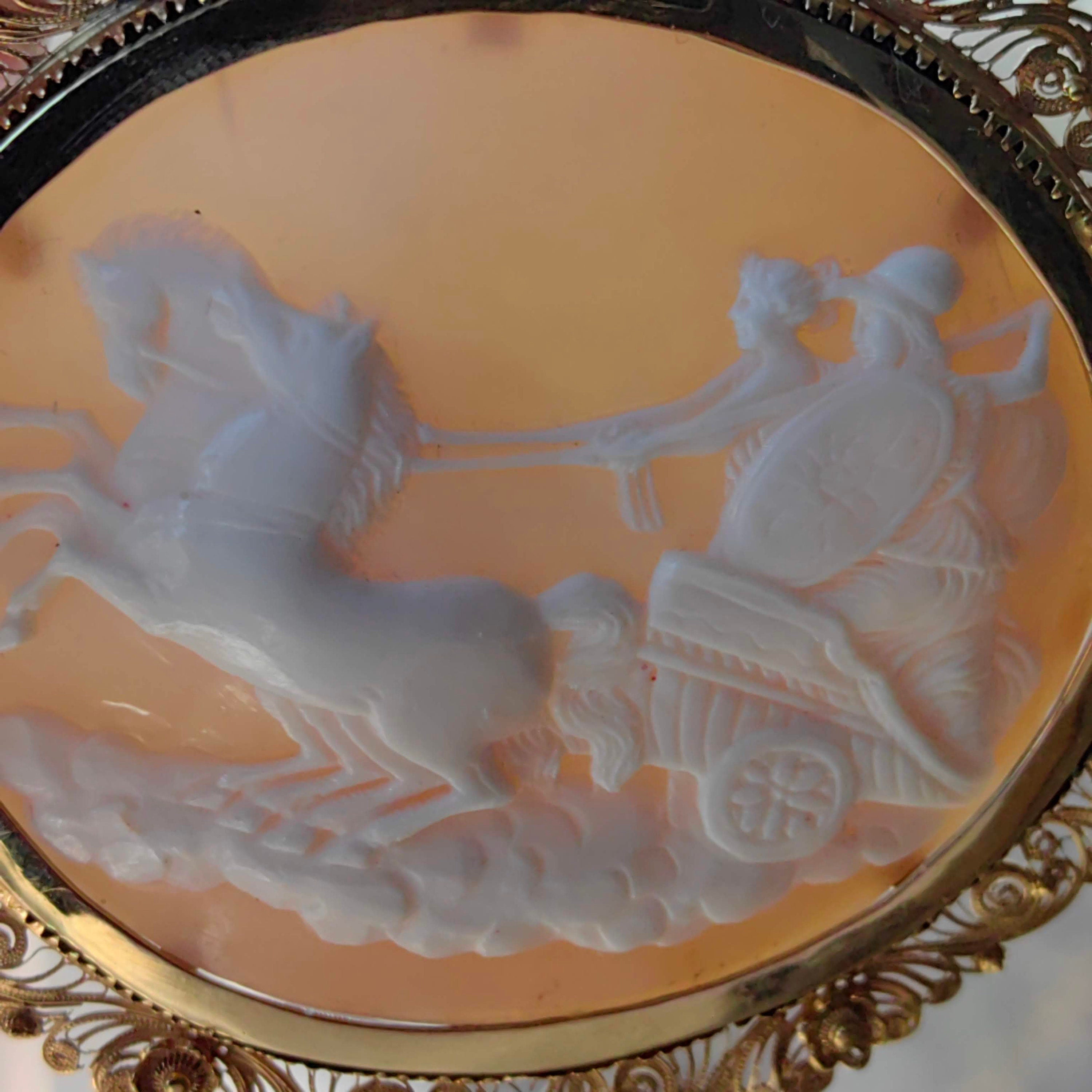 Antique 1830s Empire Shell Cameo Brooch Pendant: 14k Yellow Gold Filigree