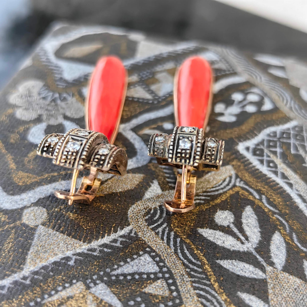 Art Deco Antique Vintage Coral and Diamond Dangle Earrings
