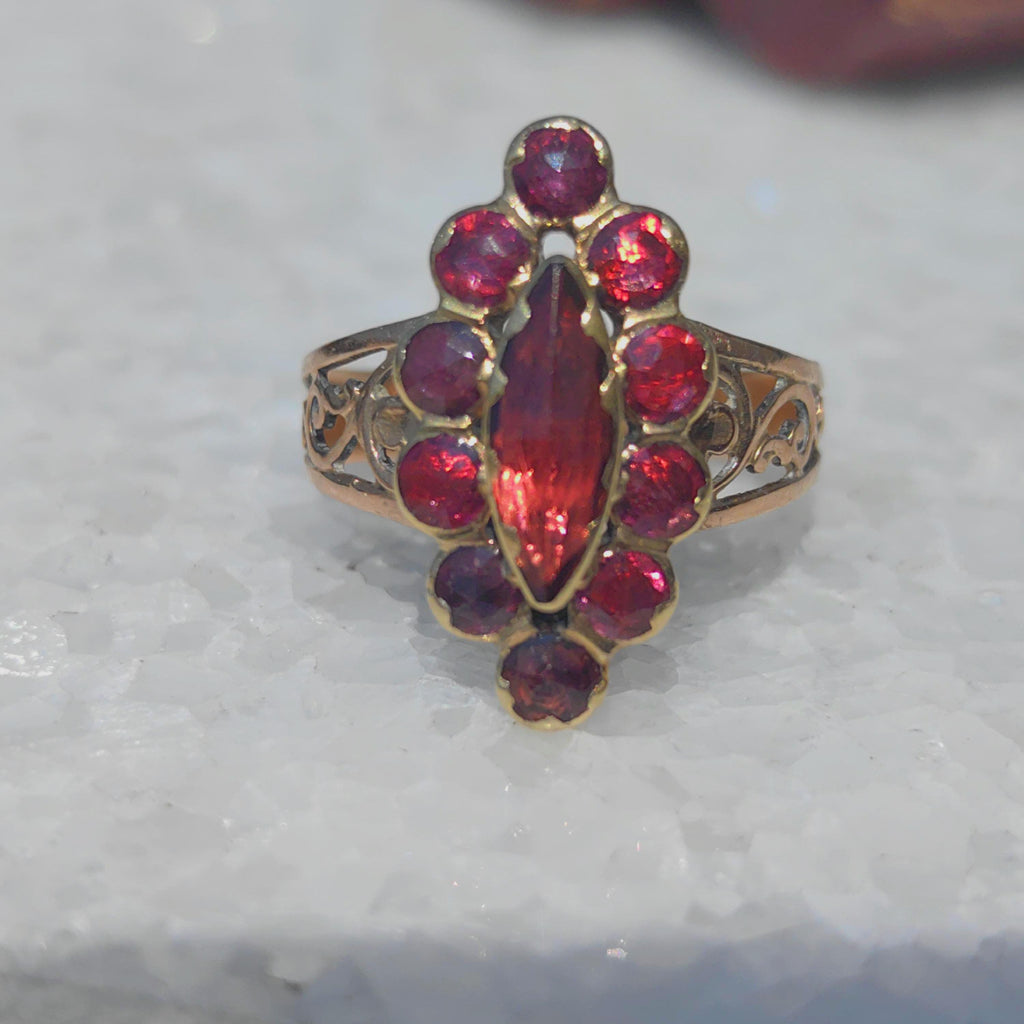 Victorian 1880s Almandine Garnet Solid 14k Yelllow Gold Elegant Statement Ring Marquise Floral Design Gift for Her Present