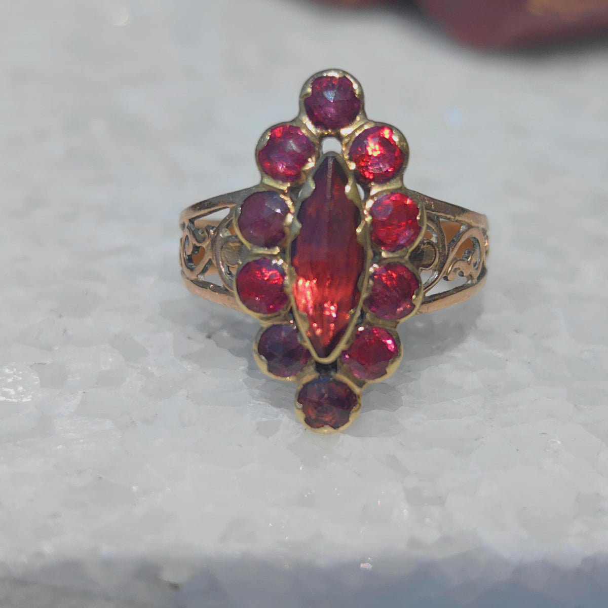 Victorian 1880s Almandine Garnet Solid 14k Yelllow Gold Elegant Statement Ring Marquise Floral Design Gift for Her Present