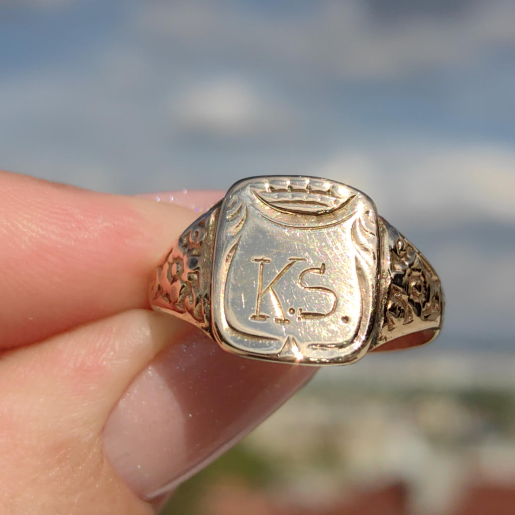 14k Yellow Gold Antique Signet Ring: Crown & KS Initials, Size 11